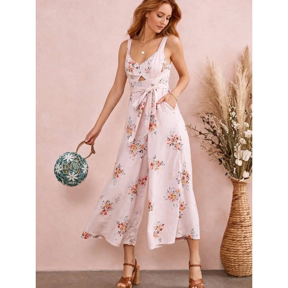 Anthropologie Akemi + Kin Adia Floral Wide Leg Cutout Jumpsuit Linen Blend 2